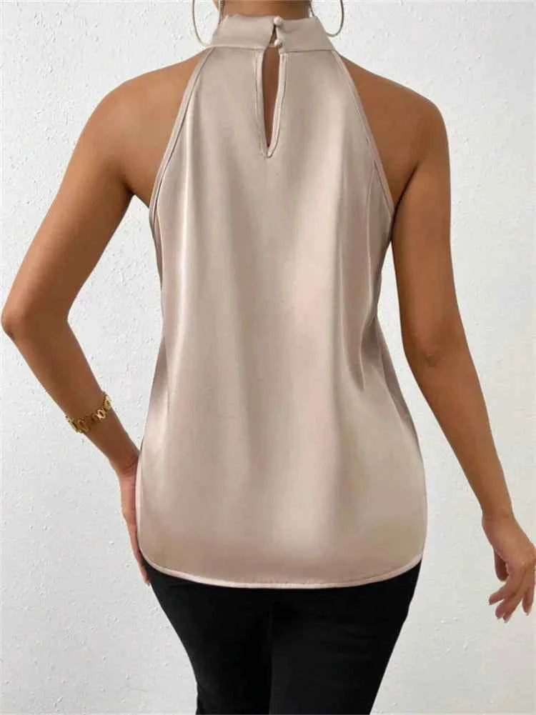 Women's Satin Sleeveless Blouse – Elegant Stand Collar Top