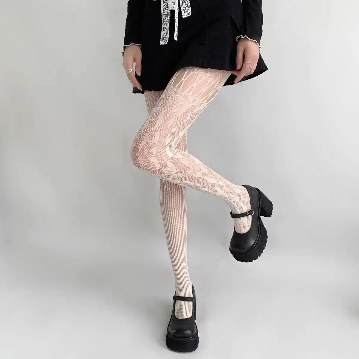 Heart Hollow Fishnet Pantyhose — Y2K Lace Mesh Tights & Body Stockings