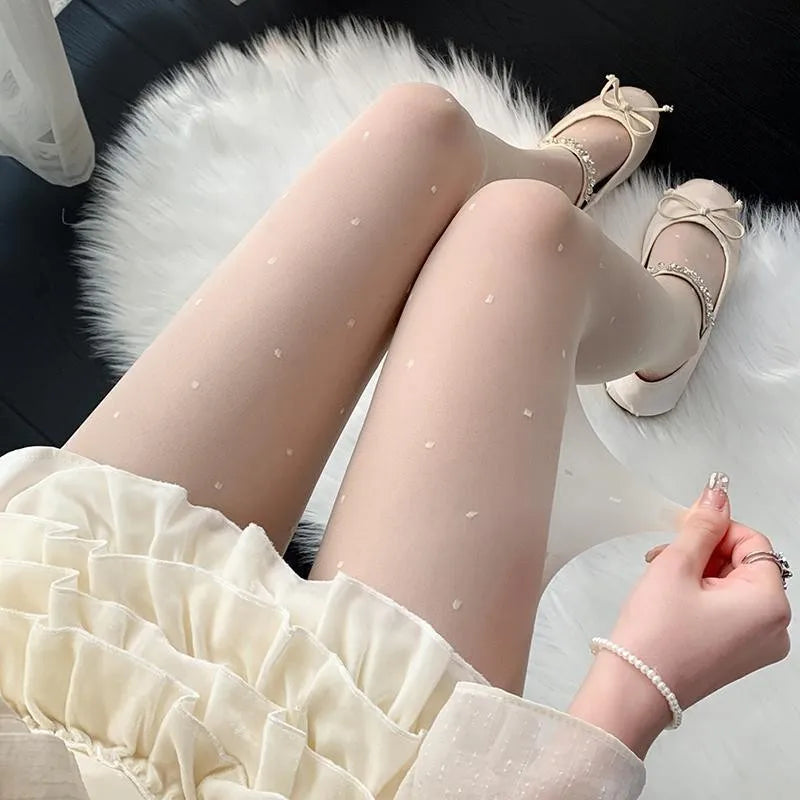 Sexy Tights Classic Polka Dot Printed Silk Stockings Thin Vintage Faux Tattoo Sheer Pantyhose Female Elastic Hosiery Leggings