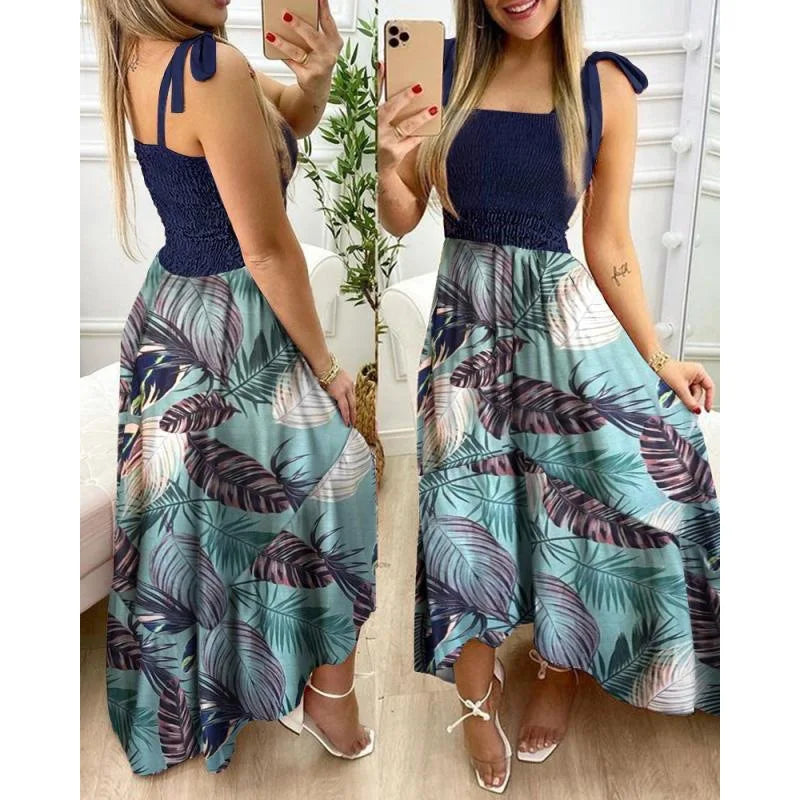 Sling Print Tube Top Dress — Irregular Hem Stitching Mini Dress