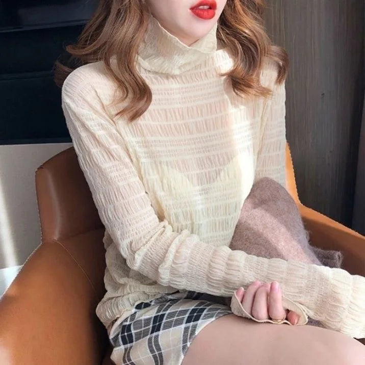 Women's Sheer Lace Mesh Blouse | Long Sleeve See-Through Turtleneck Top