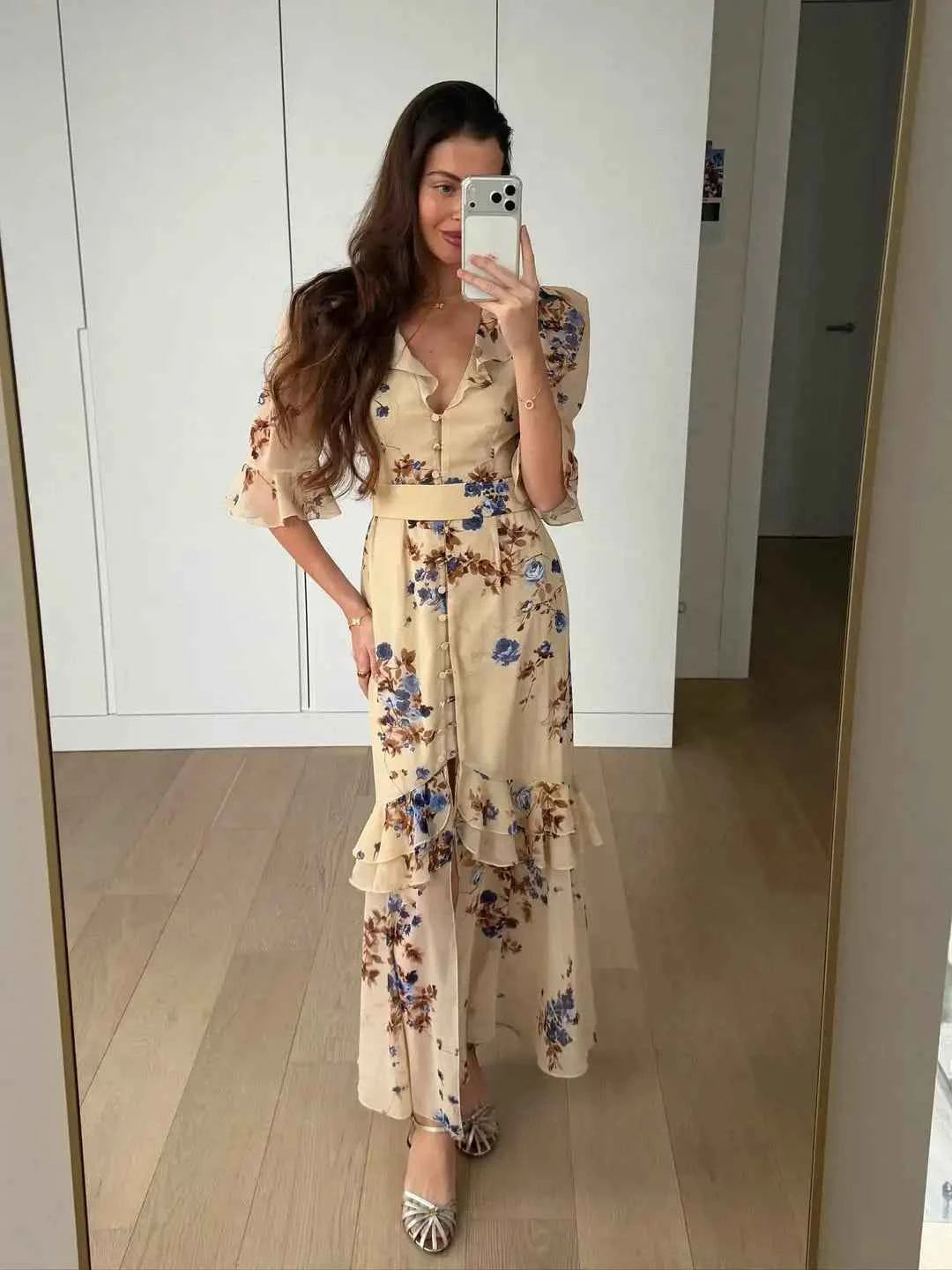 V Neck High Split Half Sleeve Slim Long Dress Print Waist Cinching Ruffle Hem Maxi Robes 2026 Women Party Vacation Vestidos