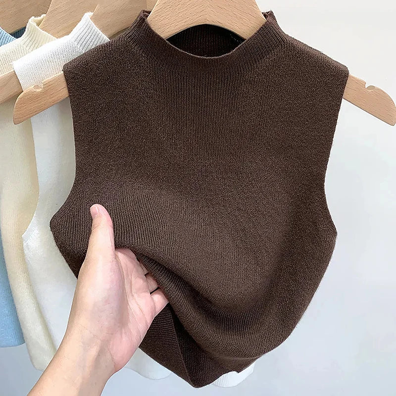 1PC Fashion Half Turtleneck Knitted Tank Top Summer Women Casual Solid Color Sleeveless Vest