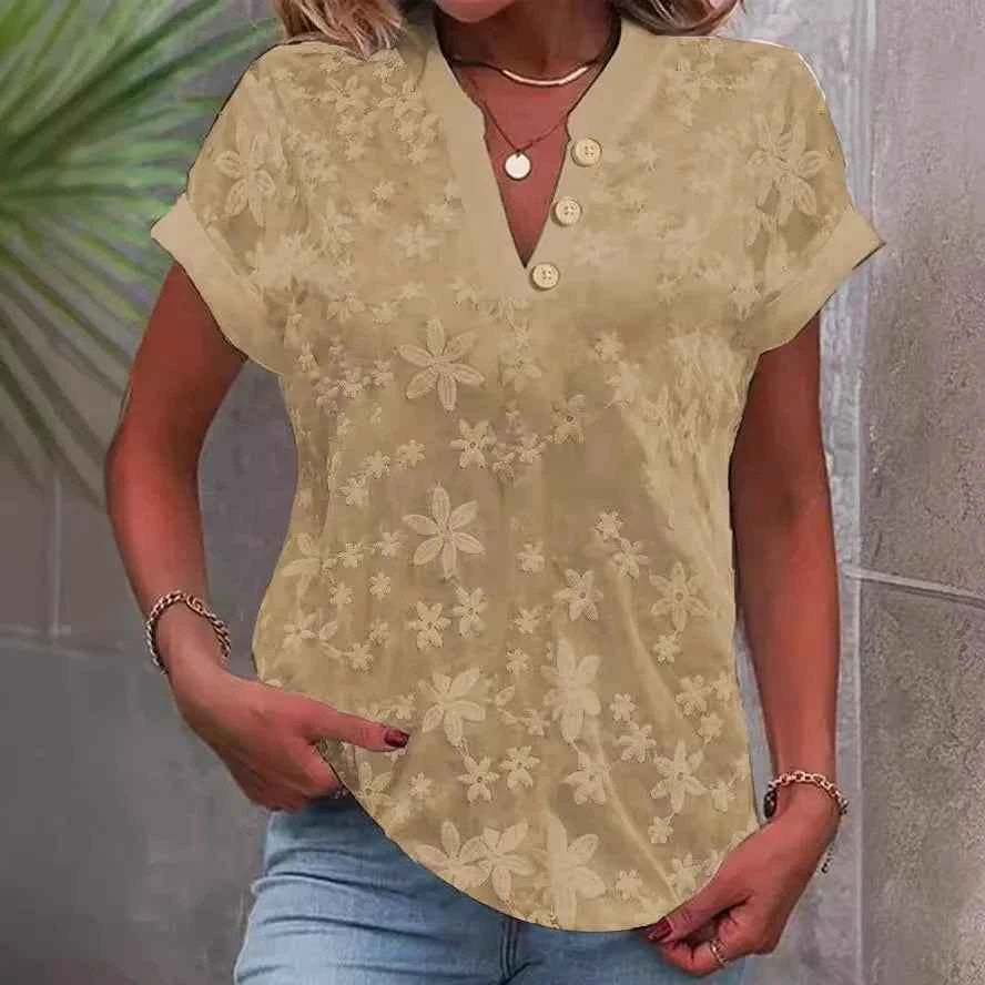 Women Shirt Pullover Solid Blouses Spliced V Neck Shirts Casual Summer 2024 Loose Fit Slight Strech Button Basics Embroidery