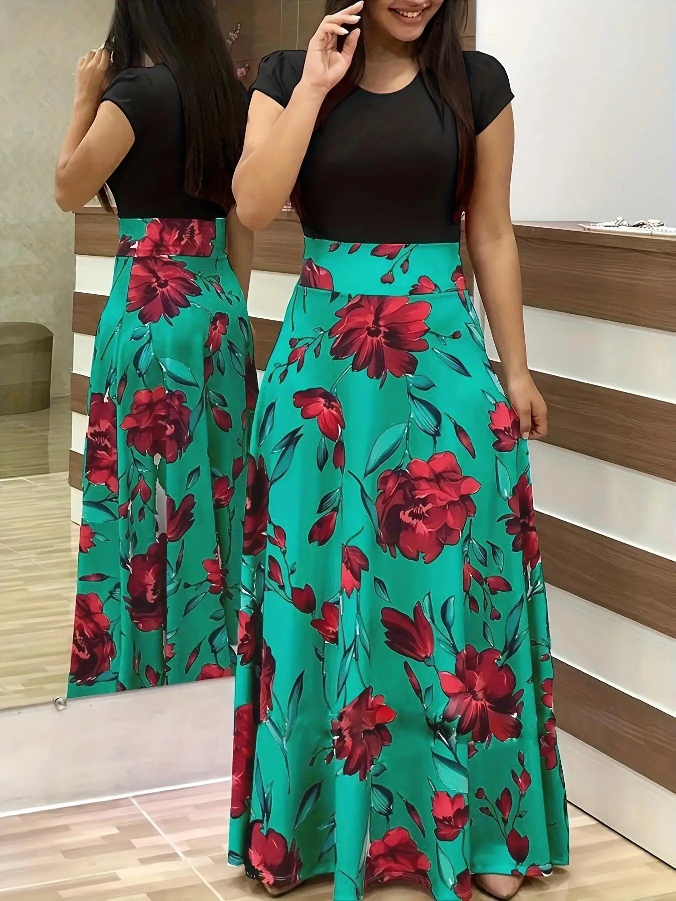 Floral Print Swing Dress — Short Sleeve Color Block Midi Skirt