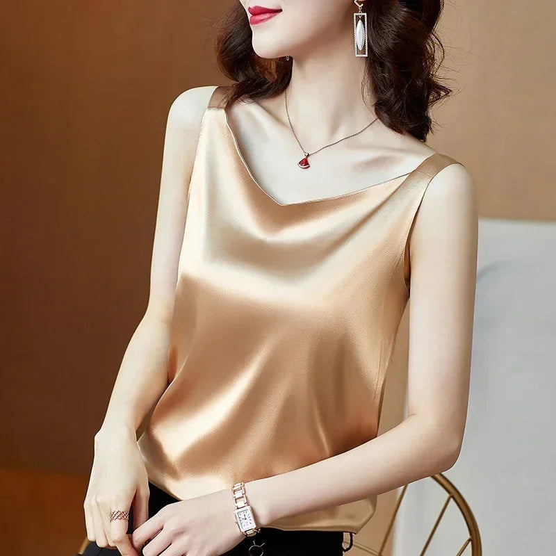 Women's Satin Silk Blouse – Sleeveless V-Neck Top | White, Black & Champagne Gold