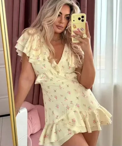 Floral V-Neck Ruffle Dress — Cinched Waist Layered Short Sleeve Dress