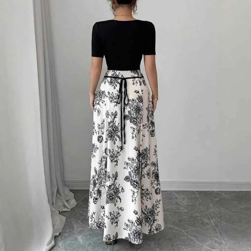 Womens Dresses Casual And Elegant Temperament Floral Print Short Sleeved Long Dress