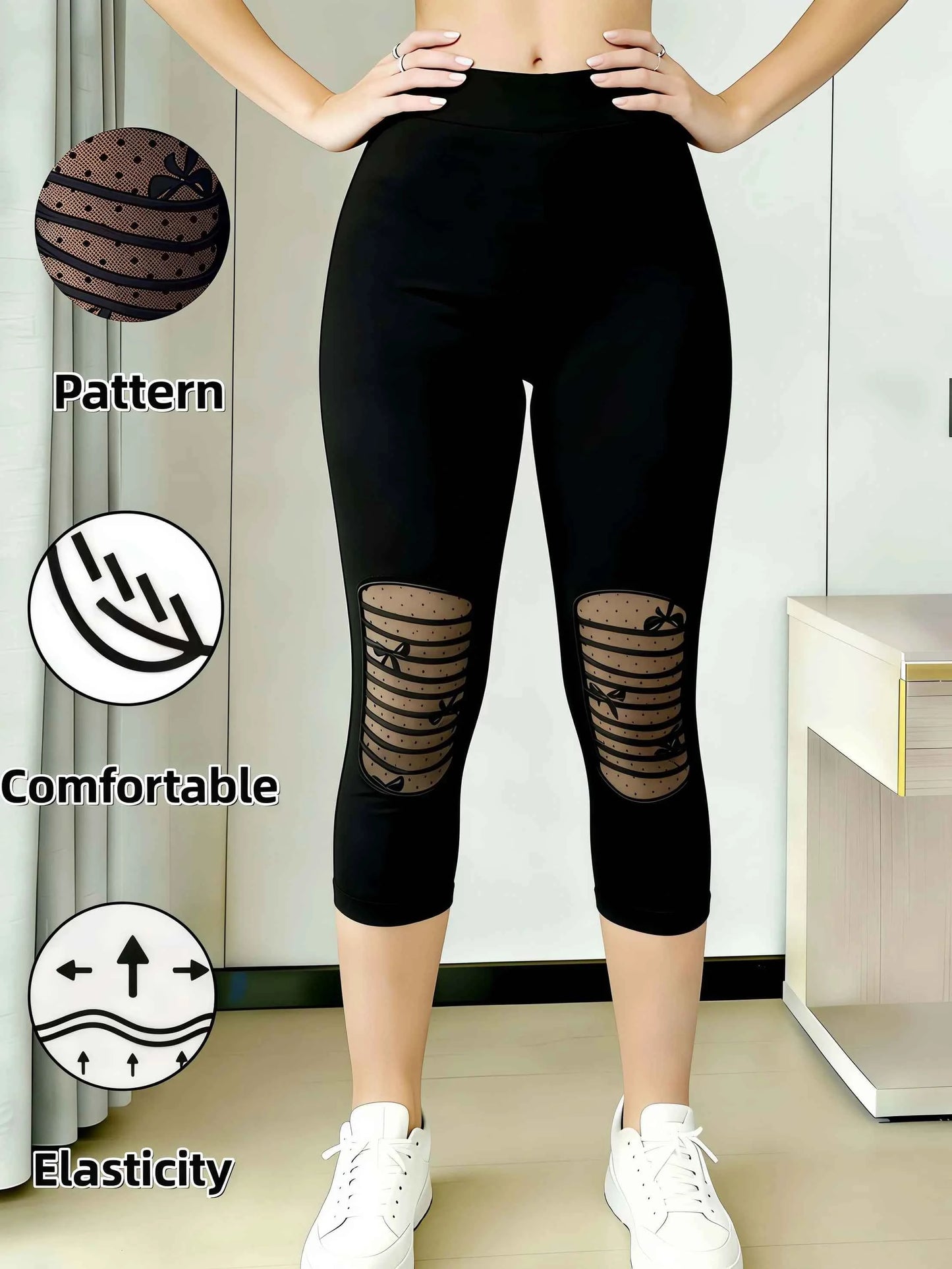 Women's Fashion Polka Dot Mesh Patchwork Capri Leggings High Waist Stretchable Comfortable Breathable Slimming Perfect for Daily