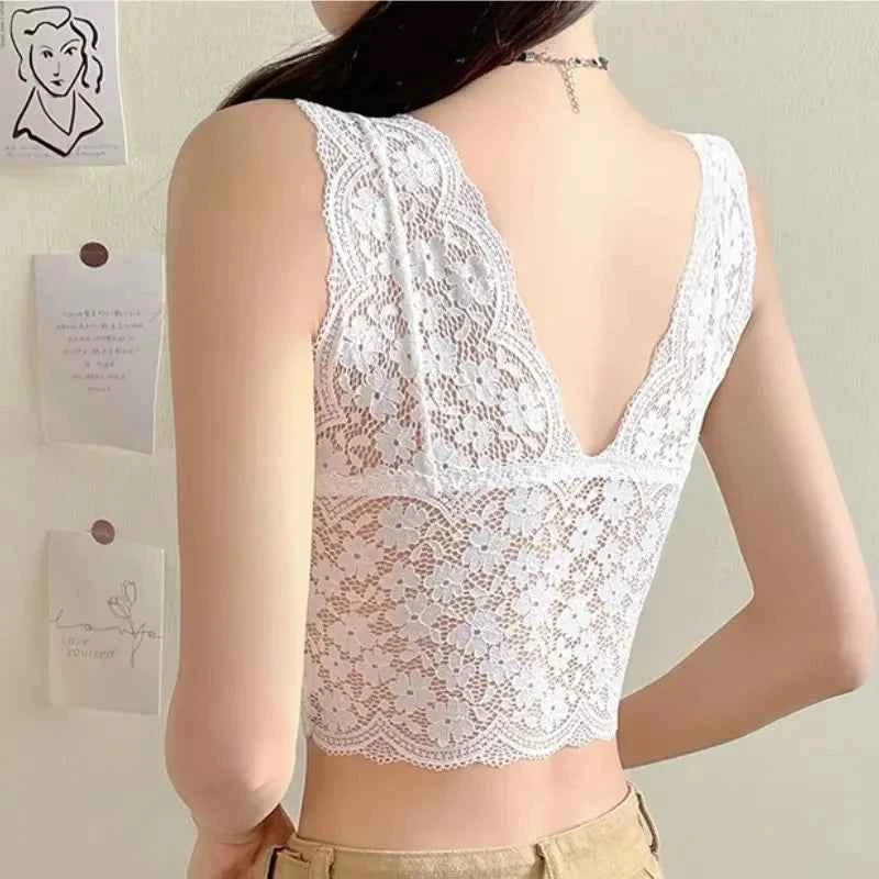 Floral Lace Bralette Camisole – Wire-Free Padded Deep V Crop Top for Women