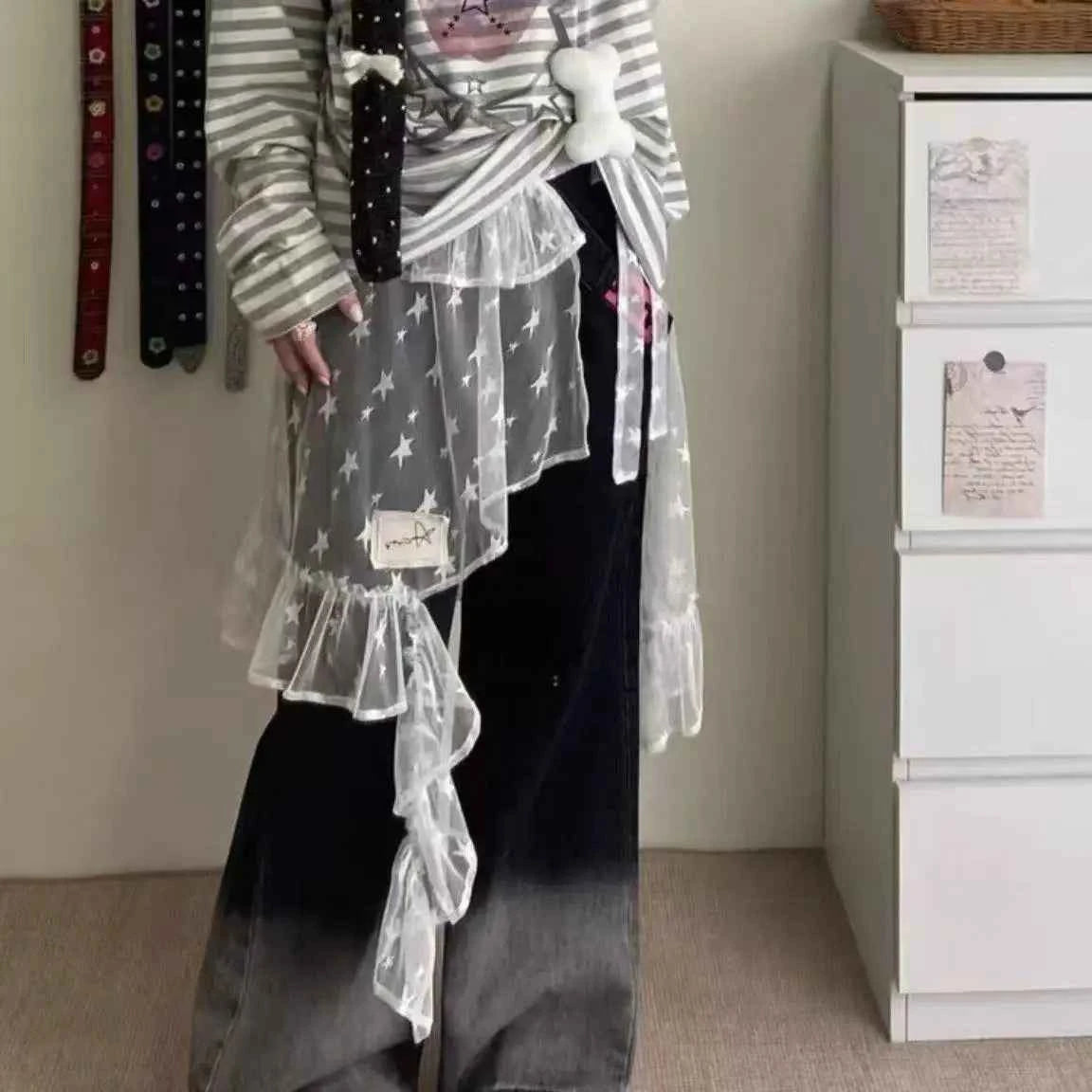 Hollow Out Irregular Lace Skirts Chic Lace-up Design Stacked Layered Feeling Mesh Apron Vintage Women Y2k White Jacquard