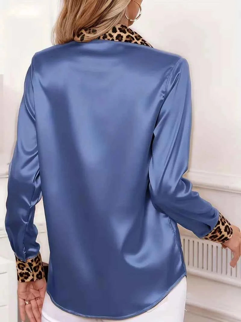 Leopard Trim Satin Blouse – Women's Long Sleeve Button-Down Top | Office to Evening