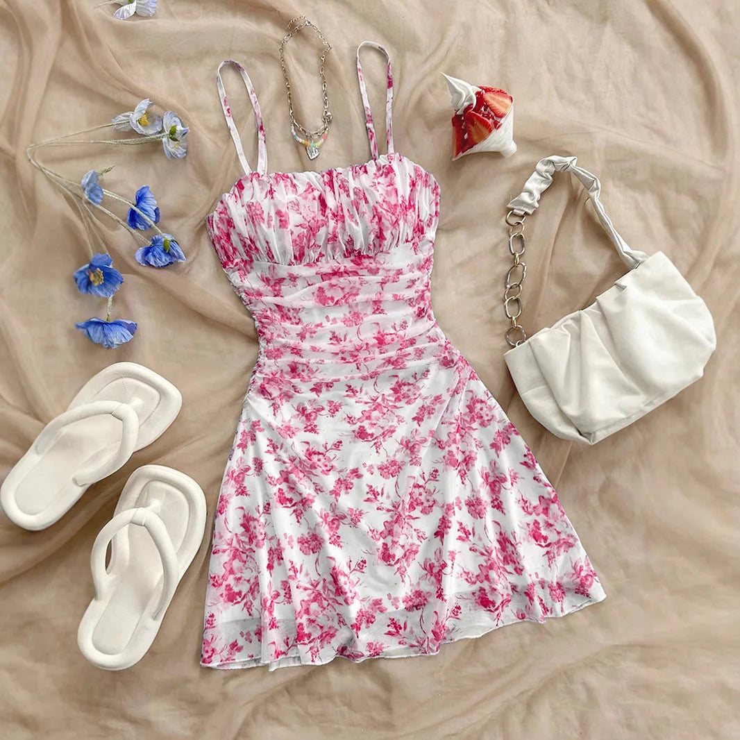 Printed Backless Pleated Mini Dress — Sexy Suspender Beach Vacation Dress