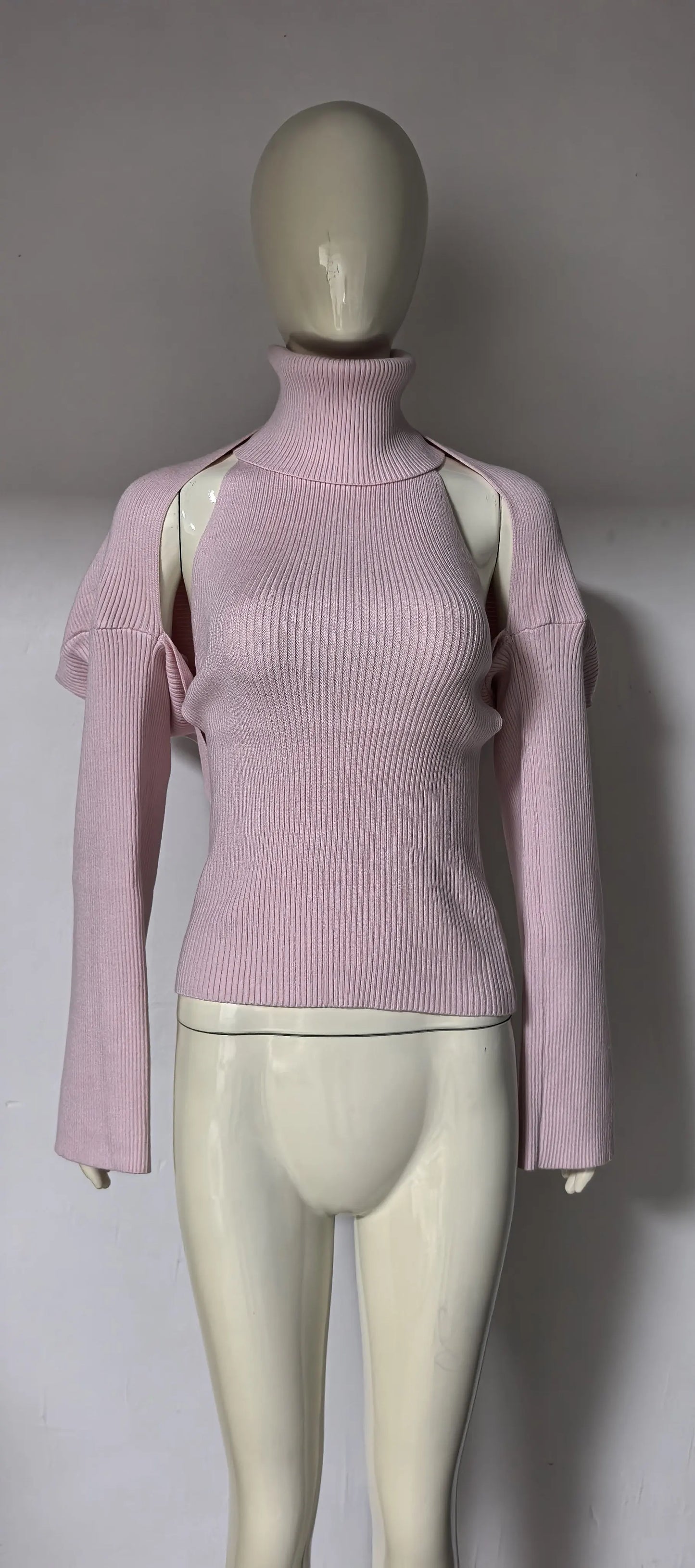 Women Turtleneck Backless Knitted Vest Set Ribbed Sleeveless Vest Long Sleeve Shawl Cape Sweater 2 Piece Set Casual Knit Outfits