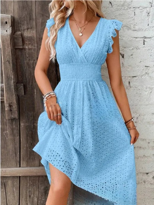 Lotus Leaf Sleeve Elegant Dress — Colorful Casual Commuter Summer Dress