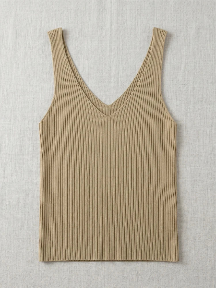 Ice Silk Knit Camisole Tank Top – Slim Fit V-Neck Sleeveless Top for Women
