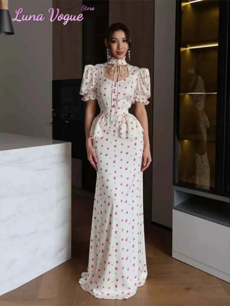Women White Pink Floral Print Fishtail Skirt Set Chic V Neck Puff Sleeve Ruffle Button Crop Top Suit Elegant Lady Wedding Outfit