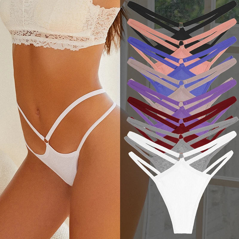 8-Pack Women's Strappy Ribbed Thongs | Low-Rise G-String Panties Set