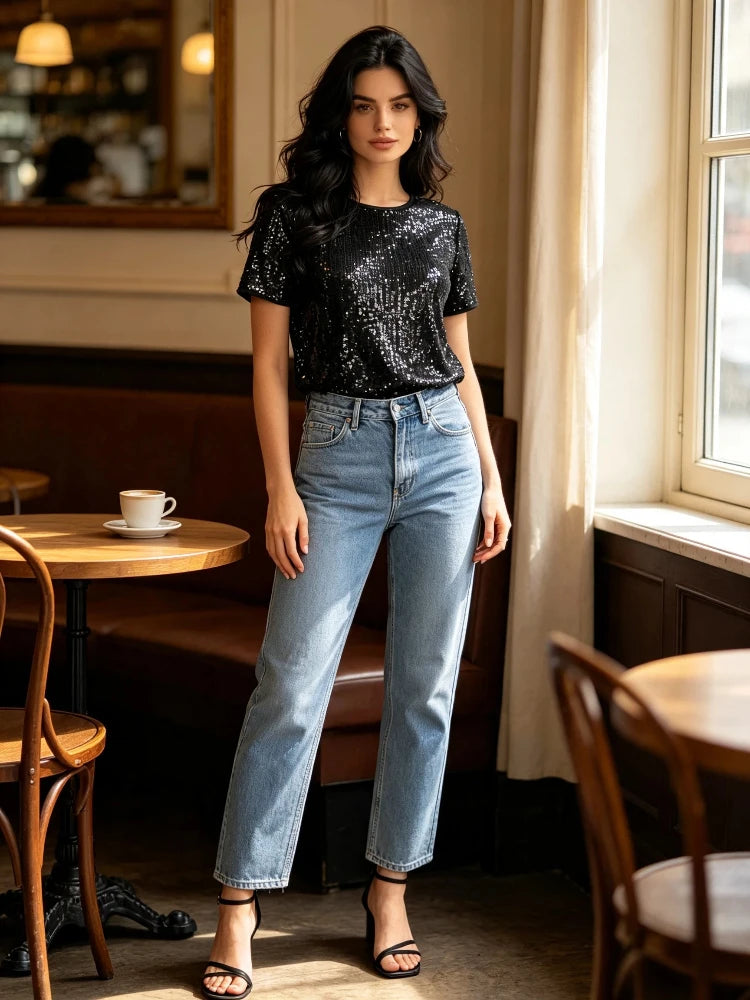 Women's Black Sequin Short Sleeve Top | Glitter Party Tee