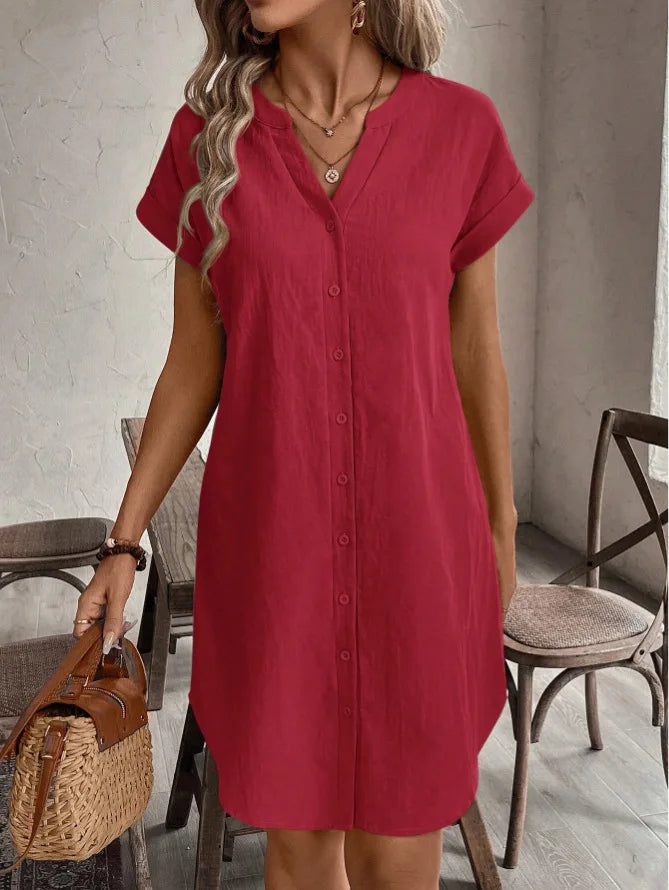 Women Casual Blouse Dress Simple V Neck Button Linen Dress Pockets Loose Large Size Shirt Dress Plus Size Womens Dresses