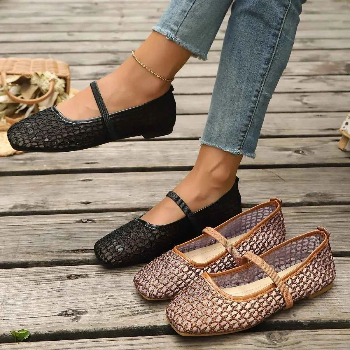 Breathable Woven Flats | Square Toe Buckle Strap Ballet Shoes for Women