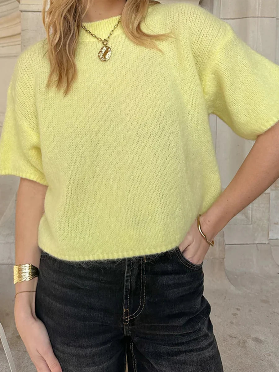 Women Spring Autumn Knit Sweaters Half Sleeve O Neck Solid Color Casual Knitwear jumper