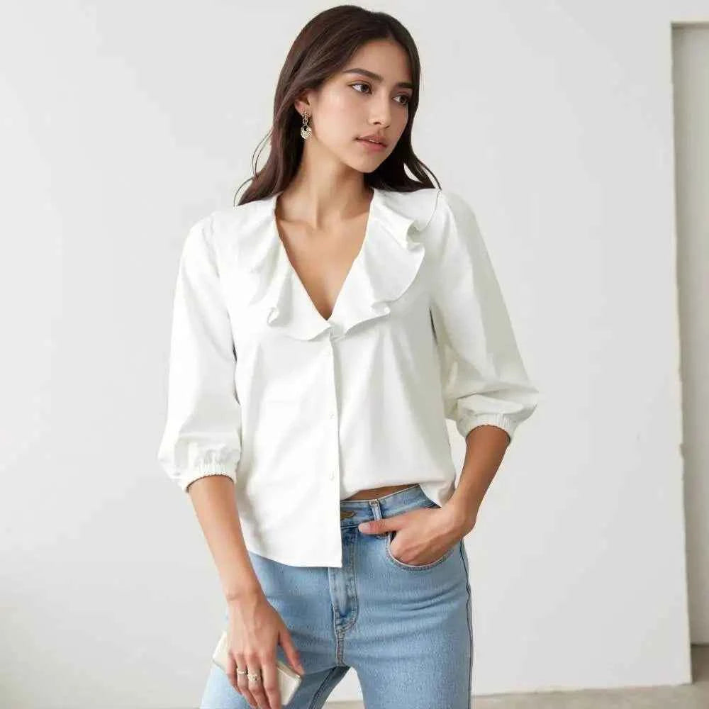 Women's V-Neck Ruffle Bubble Sleeve Blouse | Elegant Summer Button-Down Top