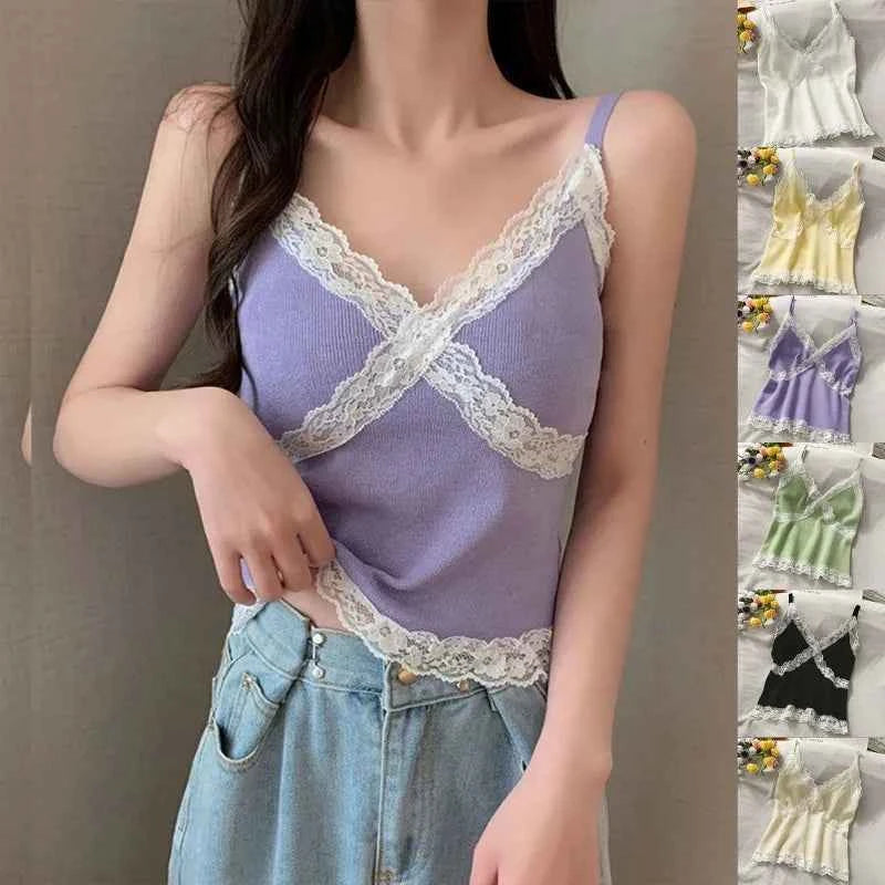 Women's Lace Cami Tank Top | Y2K Cropped Camisole | V-Neck Knit Sleeveless Top