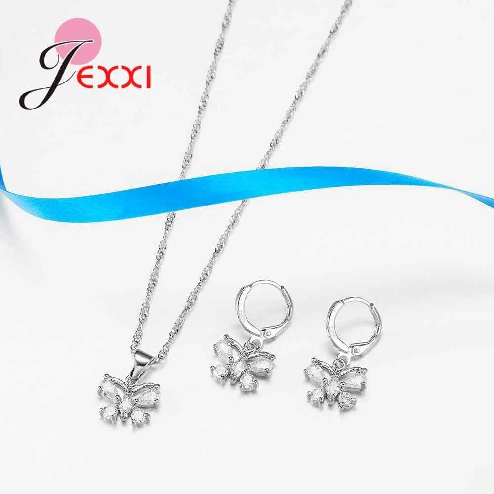 Exquisite Jewelry Sets Genuine 925 Sterling Silver Zircon Pendant Necklace Earrings Set for Women Crystal Bowknot Bijoux