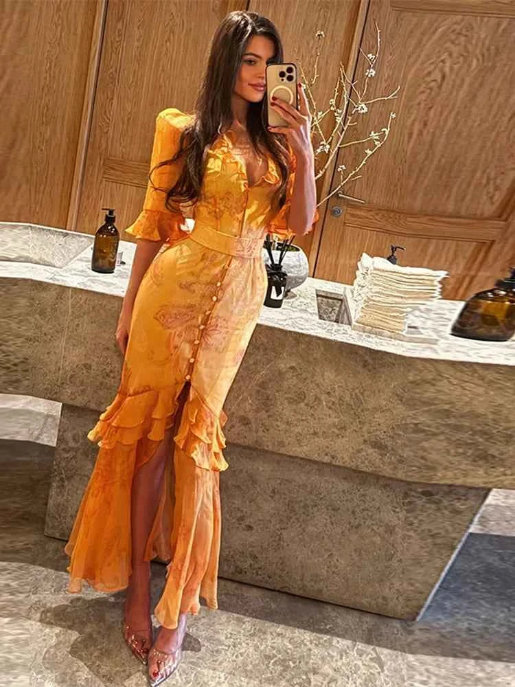 V Neck High Split Half Sleeve Slim Long Dress Print Waist Cinching Ruffle Hem Maxi Robes 2026 Women Party Vacation Vestidos