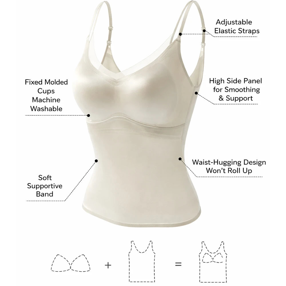 Satin V-Neck Camisole with Built-In Bra | Backless Sleeveless Tank Top