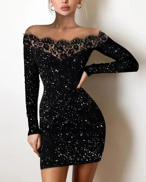 One Shoulder Lace Edge Dress — Long Sleeve Glitter Elegant Spring Dress