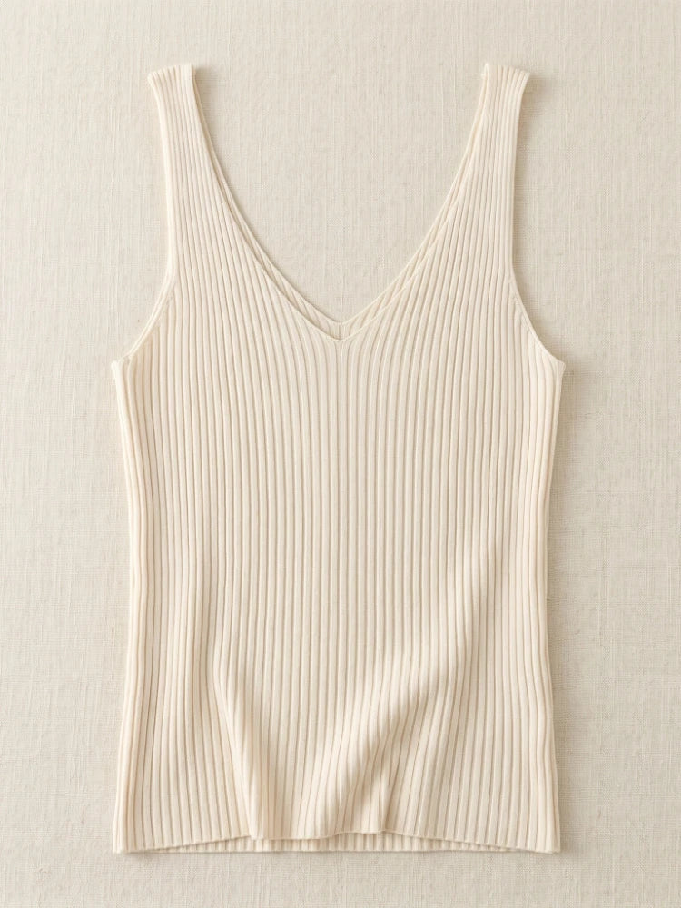 Ice Silk Knit Camisole Tank Top – Slim Fit V-Neck Sleeveless Top for Women
