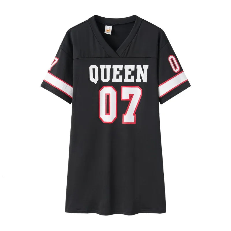 V-Neck Letter Print Mini Dress — Sporty Short Sleeve Streetwear