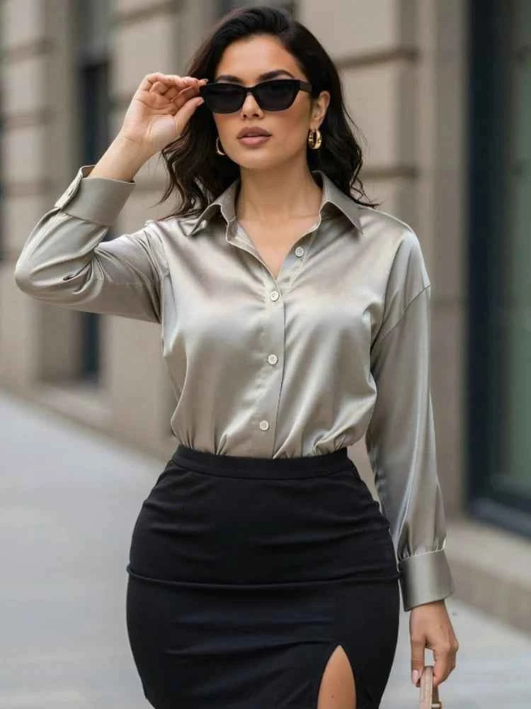 Elegant Satin Blouse | Turn-Down Collar Women's Shirt | S–XXXL