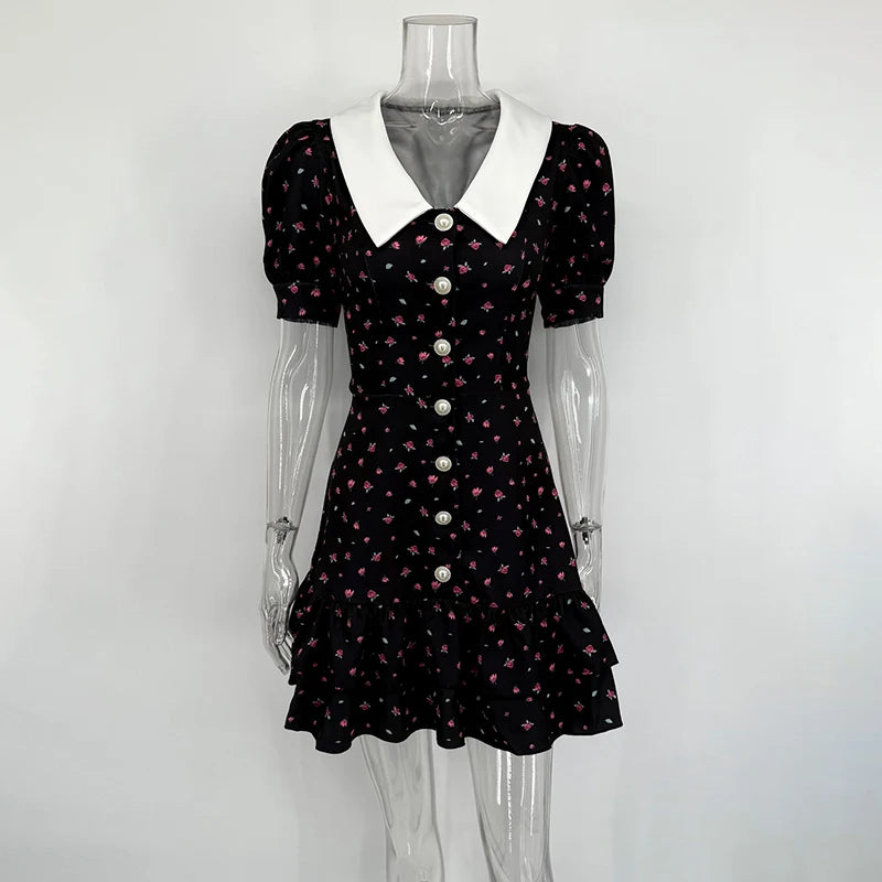 Puff Sleeve Mini Dress — V-Neck Pearl Button High Waist Evening Dress