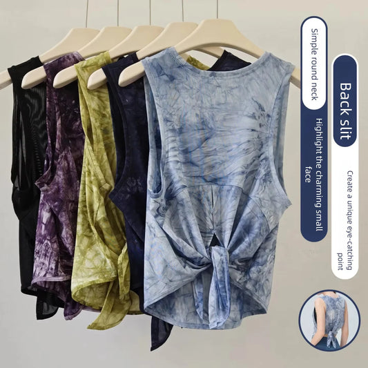 Tie-Dye Mesh Sleeveless Yoga Top — Breathable Running T-Shirt