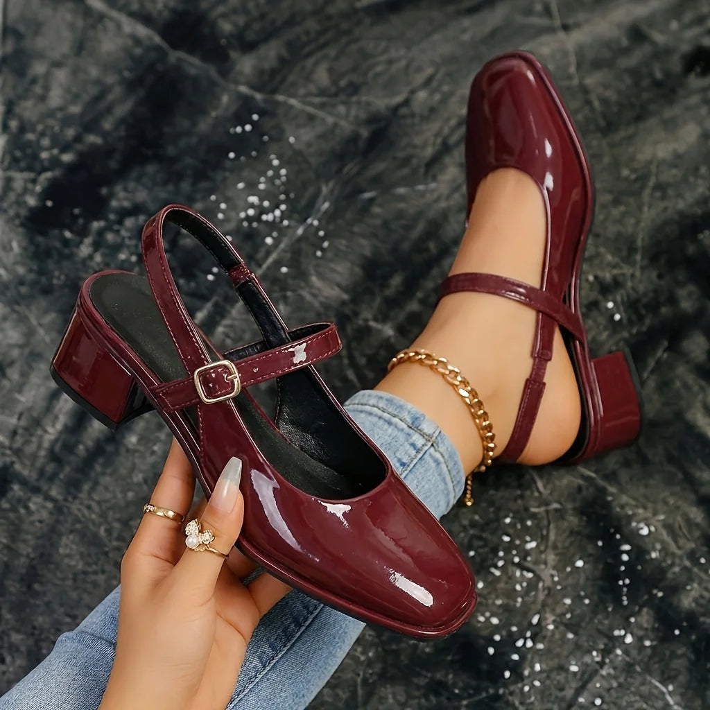 Women's Patent Leather Slingback Mary Jane Pumps | Block Heel Ankle Strap Dress Shoes