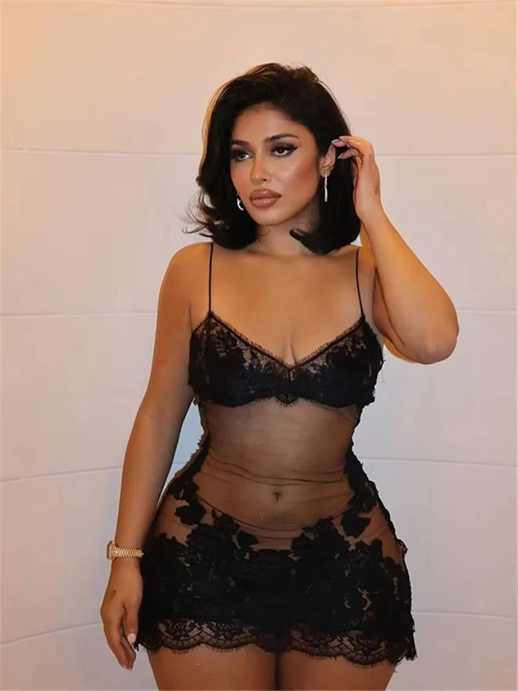 Lace Mesh Mini Dress — Embroidery Spaghetti Strap Club Nightwear