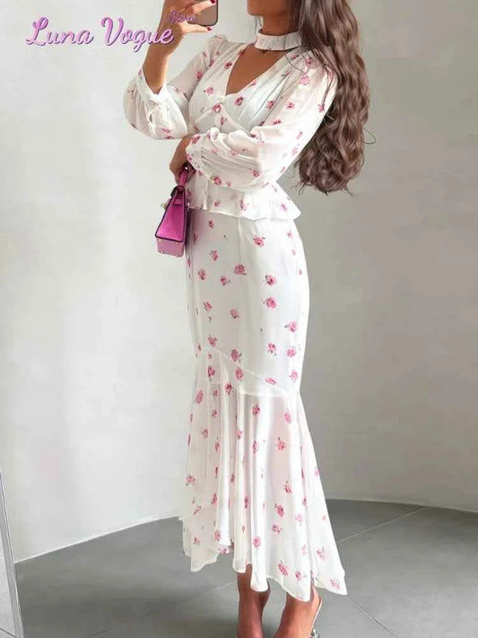 Women White Pink Floral Print Fishtail Skirt Set Chic V Neck Puff Sleeve Ruffle Button Crop Top Suit Elegant Lady Wedding Outfit