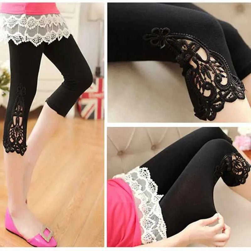 Women's High-Waist Lace Stretch Capri Leggings – Knee-Length Sports & Fitness Pants