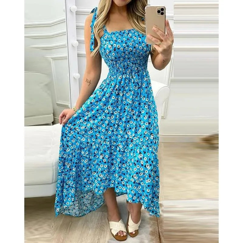 Sling Print Tube Top Dress — Irregular Hem Stitching Mini Dress