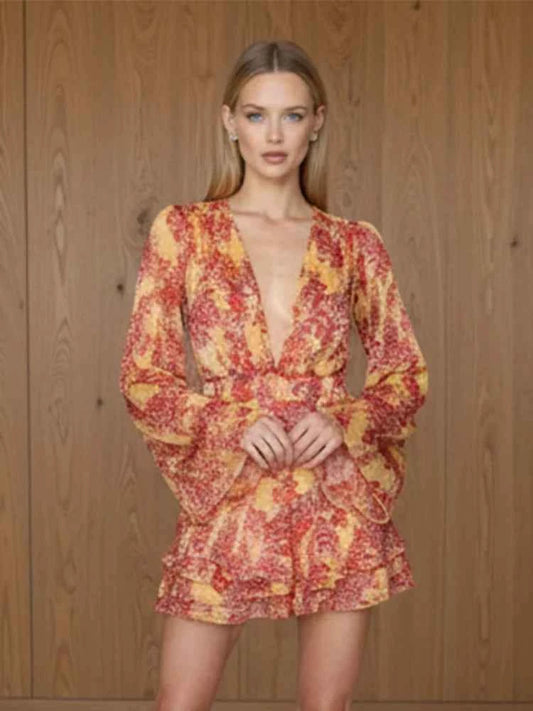 Women Elegant Printed Short Dress Chic V-neck Short Sleeve A-line Bodycon Mini Dresses 2026 Lady New Summer Vacation Street Robe