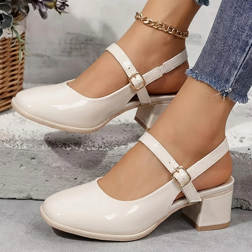 Women's Patent Leather Slingback Mary Jane Pumps | Block Heel Ankle Strap Dress Shoes