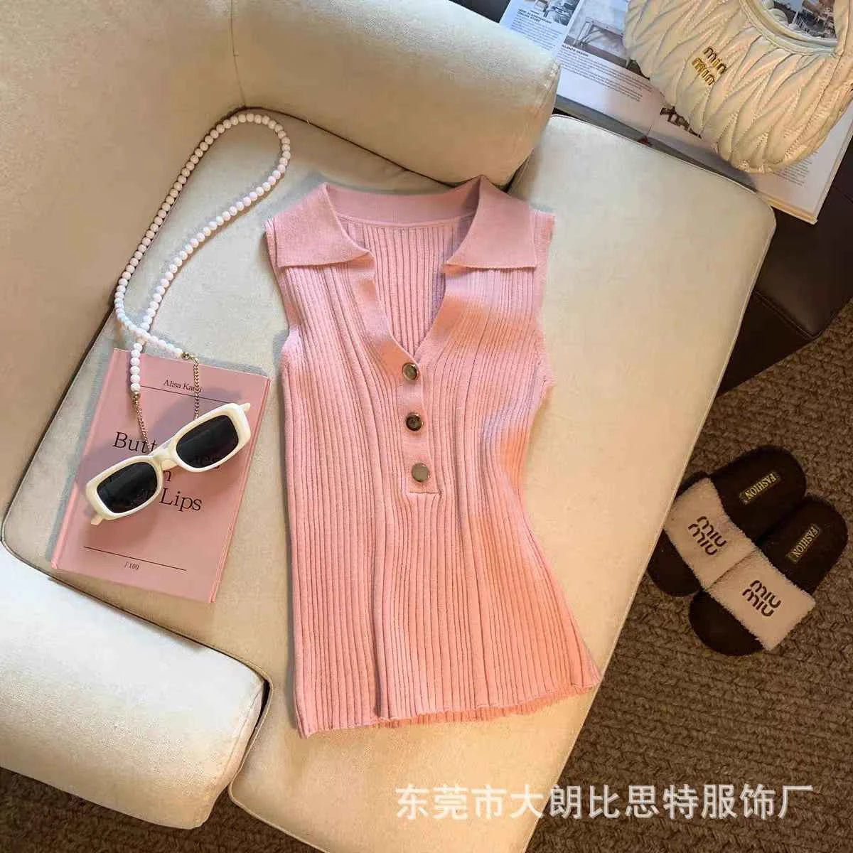 Summer Turn Down Collar Gold Button Slim Knitted Sweater Vests Elegant Knitwear Tank Tops BSTFSC-m1948