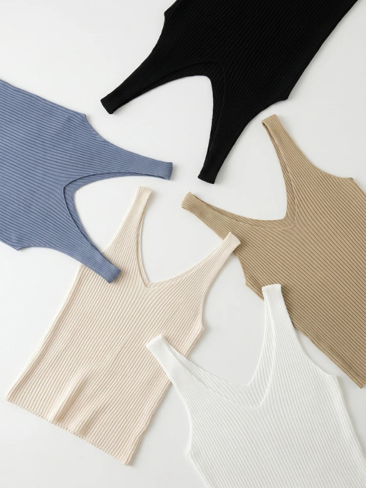 Ice Silk Knit Camisole Tank Top – Slim Fit V-Neck Sleeveless Top for Women