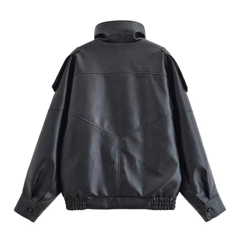 Women's Jacket Fall 2025 New Black Long Sleeve Pebble Faux Leather Jacket Motorcycle Style Personality Fashion