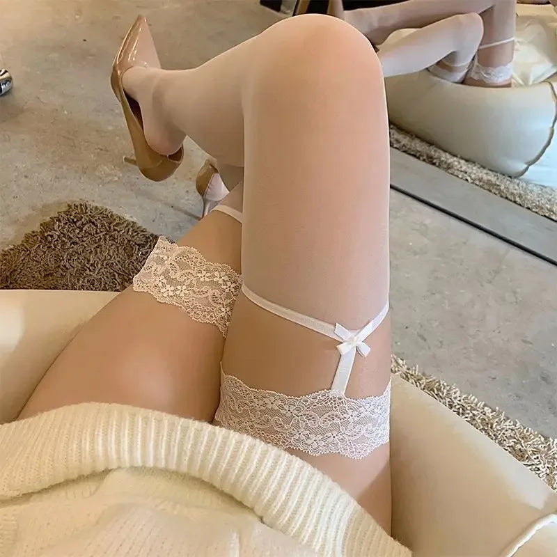 Lace Bow Suspender Stockings – Sheer Thigh-High Over-Knee Socks for Women
