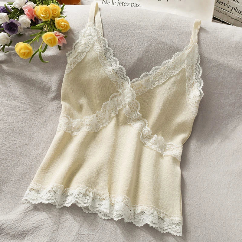 Women's Lace Cami Tank Top | Y2K Cropped Camisole | V-Neck Knit Sleeveless Top