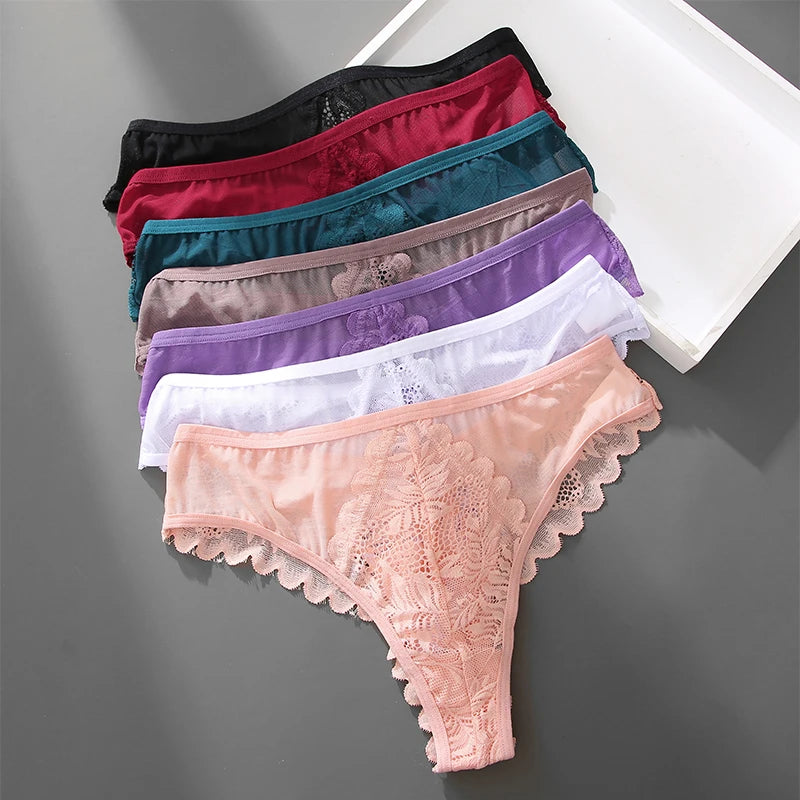 Women's Lace Thong Panties Set – 10 Pcs Sheer Mesh Floral G-String Underwear (S–XL)